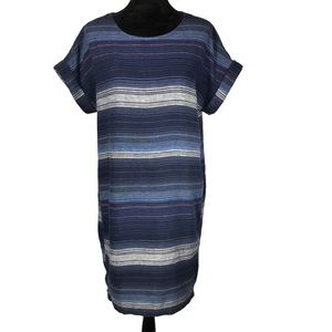 Old Navy Blue Linen Dress Short Sleeve Striped Woven Casual Light Shift Dress